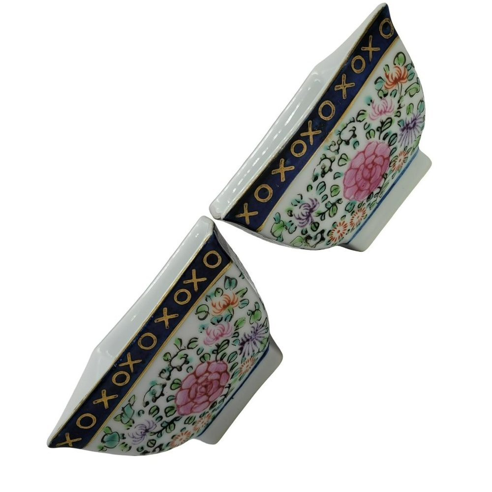 Pair of 2 Gold Imari Hand Painted Square Rice Soup Bowls Flowers XOXO Pink Blue